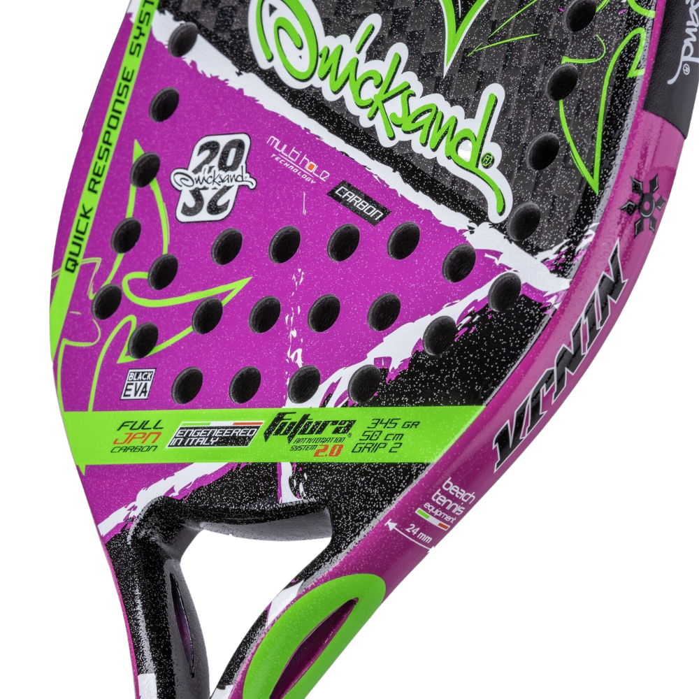 Close-up of the Quicksand Ninja 2022 beach tennis racket showcasing its performance-focused design and premium finish.