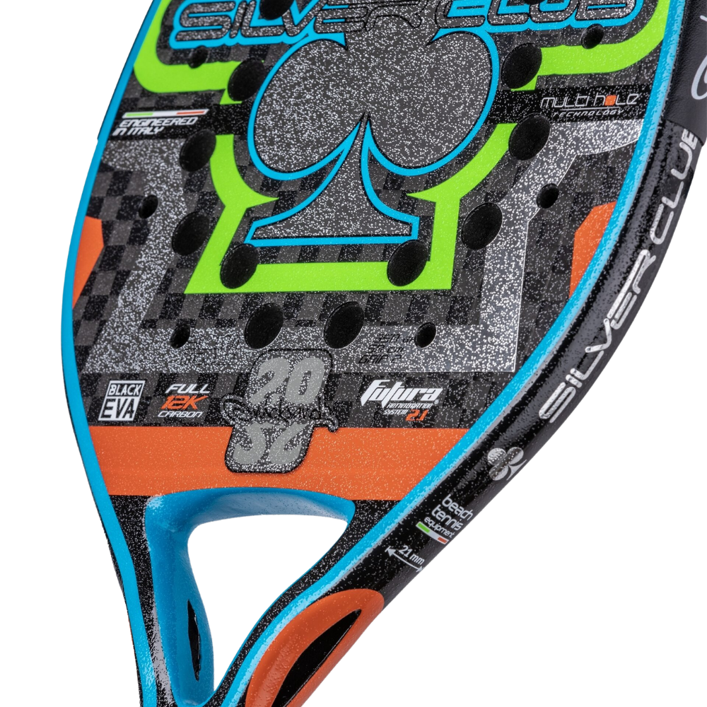 Close-up of the Quicksand SilverClub 2022 beach tennis racket showcasing its face and design details