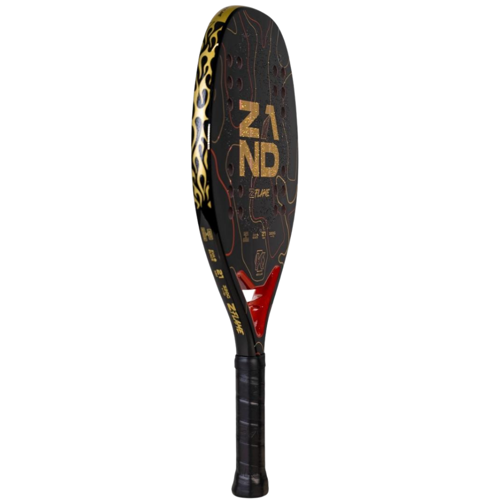 Angled view of the ZAND Z-Flame 2026 Flaminia Daina Kevlar beach tennis racket from the 2026 Collection at Beach Tennis Depot