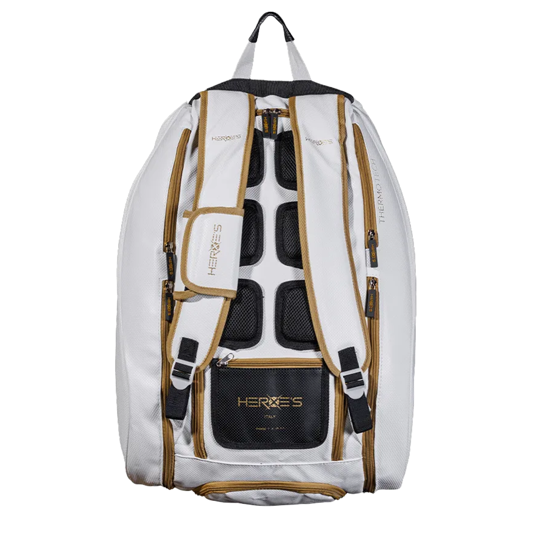 a heroes brand white black and gold bag designed for beach tennis