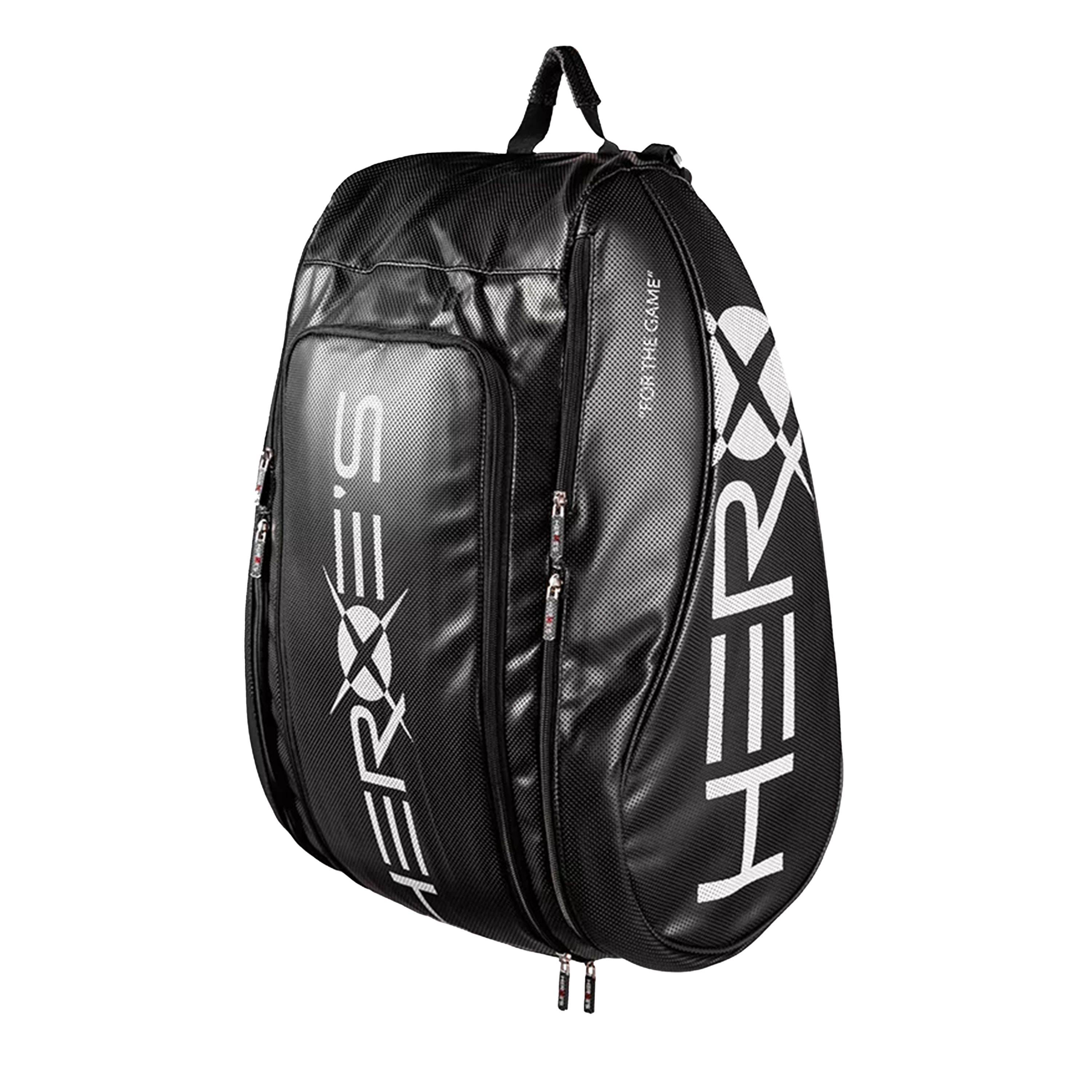 A black and white beach tennis duffle bag with white text 'HEROES' printed on it, designed for carrying beach tennis rackets