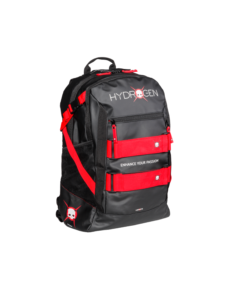 A black and red heroes Hydrogen branded backpack with adjustable shoulder straps and a central compartment.
