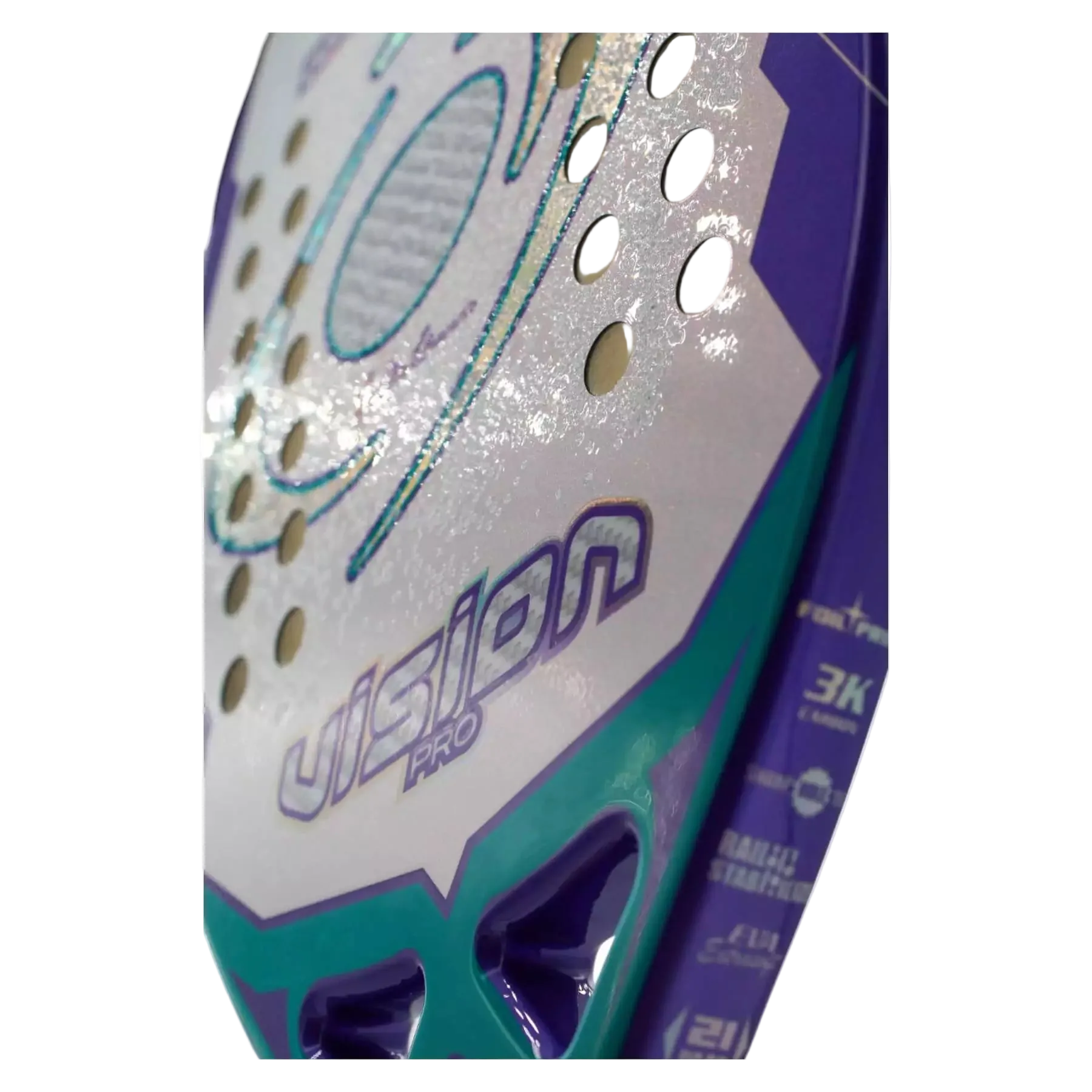 Detailed view of the Vision Pro White Carbon 2025 beach tennis racket engineered for control, stability and confidence on court available at Beach Tennis Depot
