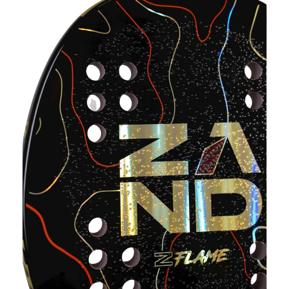 Face detail of the ZAND Z-Flame 2026 Flaminia Daina Kevlar beach tennis racket showing premium finish and design